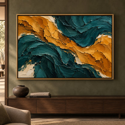 Midnight Teal and Ochre Sculpted Abstract Canvas Art