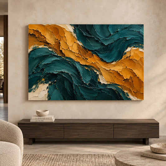 Midnight Teal and Ochre Sculpted Abstract Canvas Art