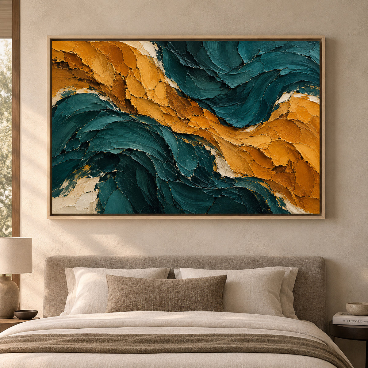 Midnight Teal and Ochre Sculpted Abstract Canvas Art