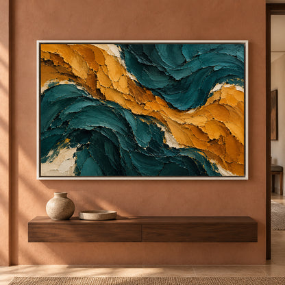 Midnight Teal and Ochre Sculpted Abstract Canvas Art