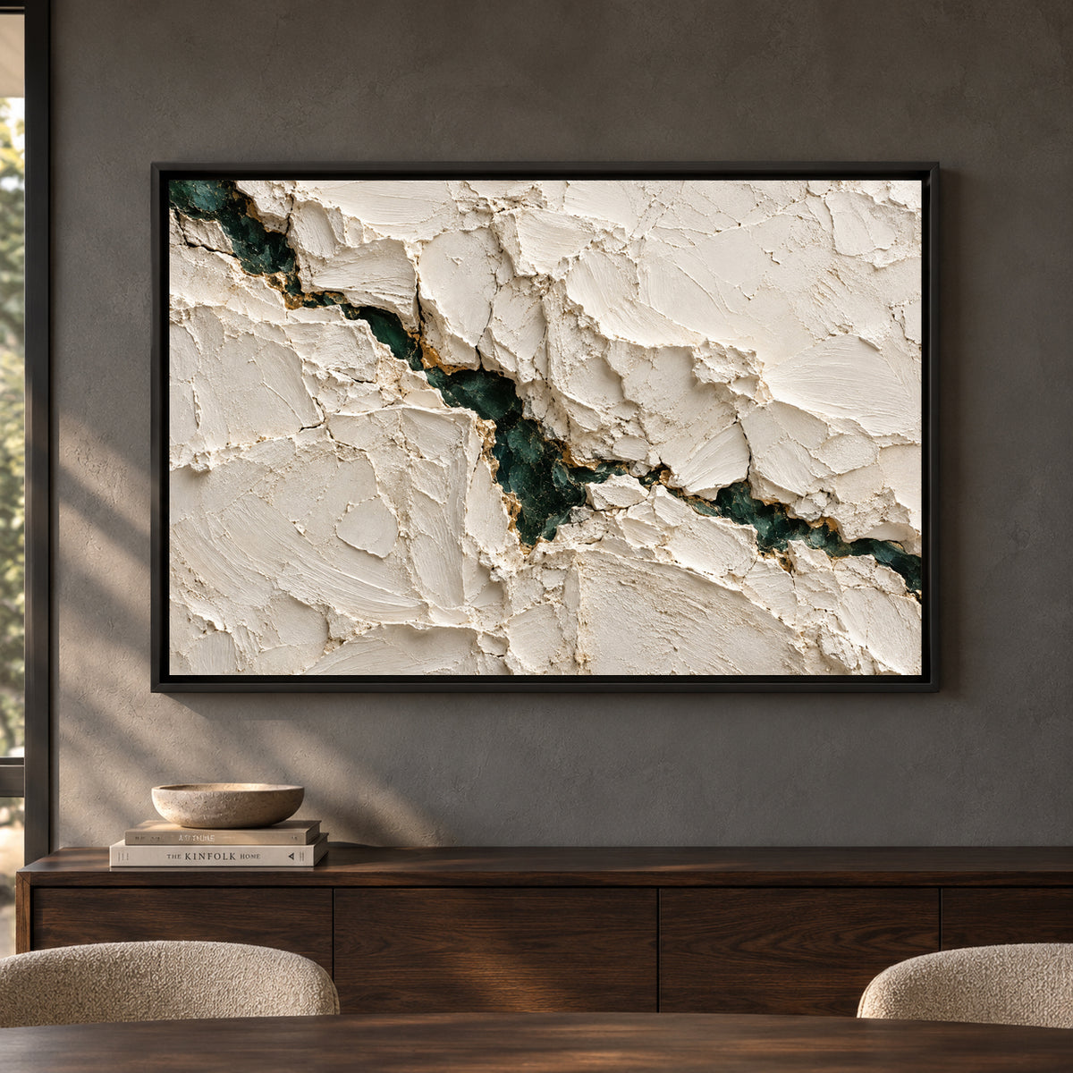 Emerald Vein Ivory Textured Abstract Canvas Art