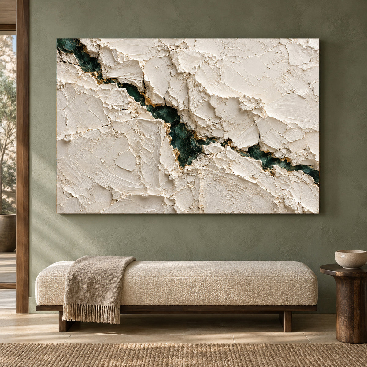 Emerald Vein Ivory Textured Abstract Canvas Art