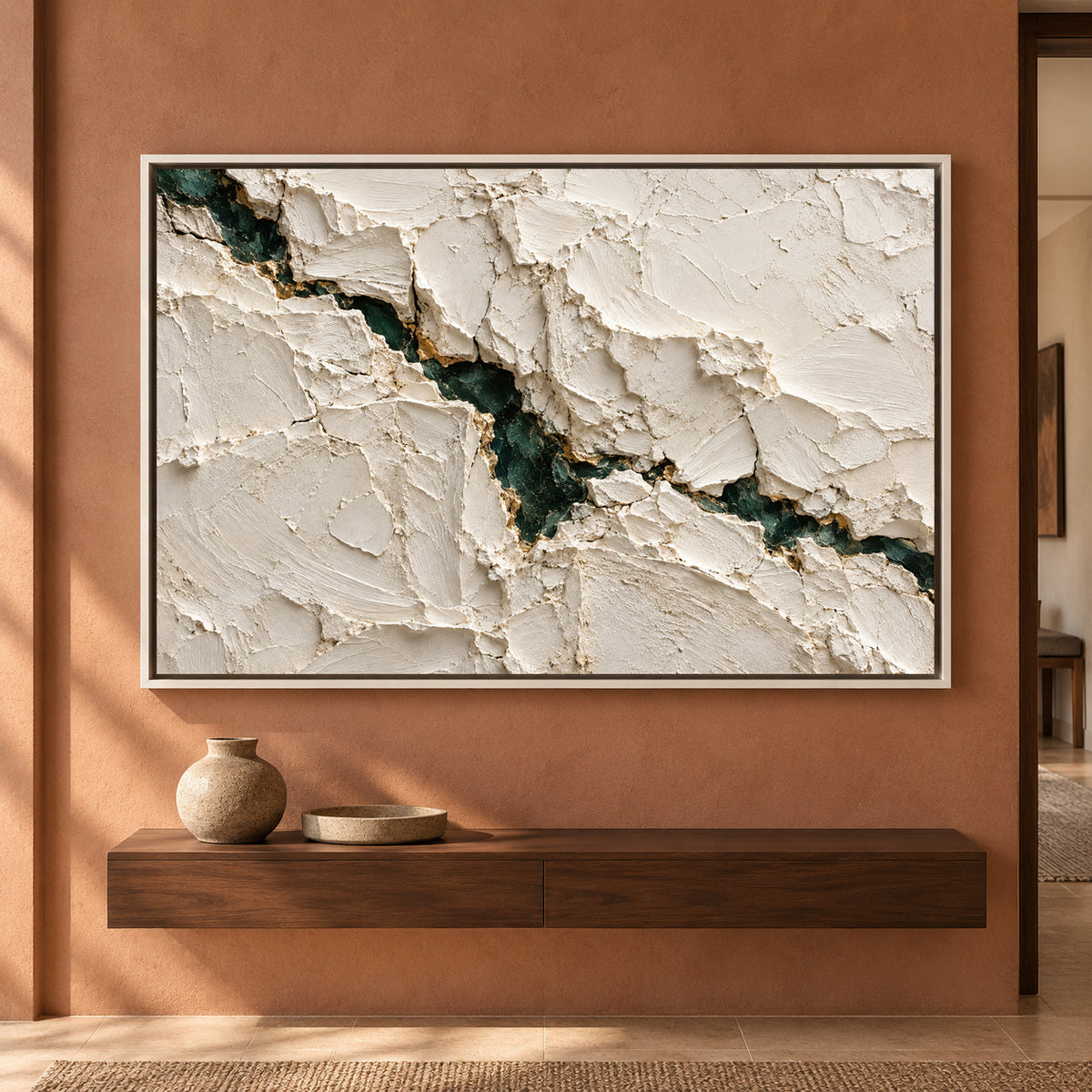 Emerald Vein Ivory Textured Abstract Canvas Art