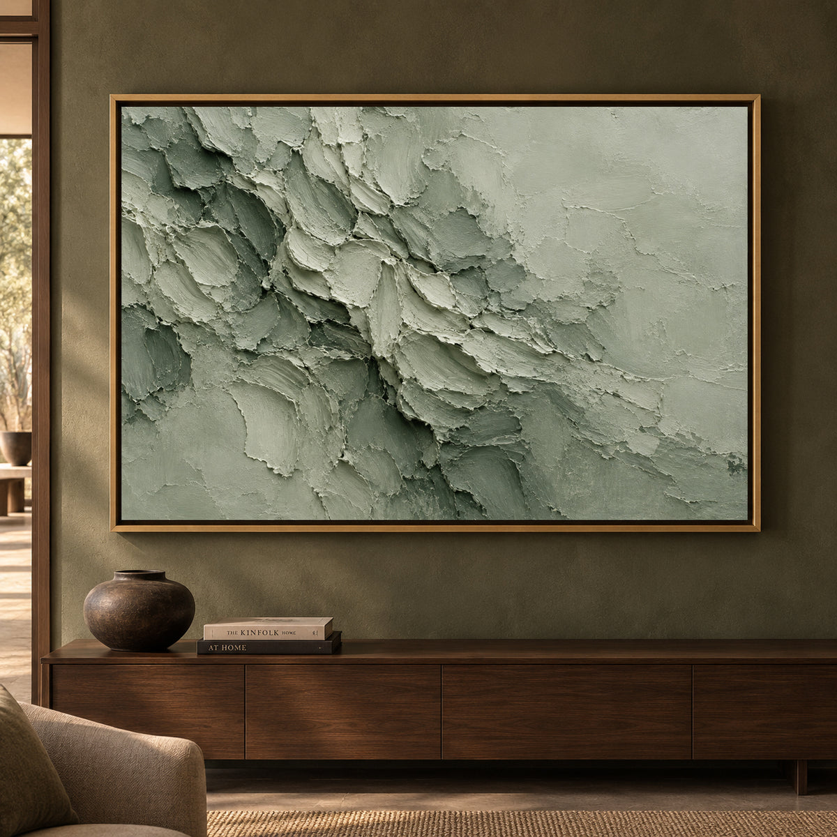 Sage Green Monochrome Textured Abstract Canvas Art