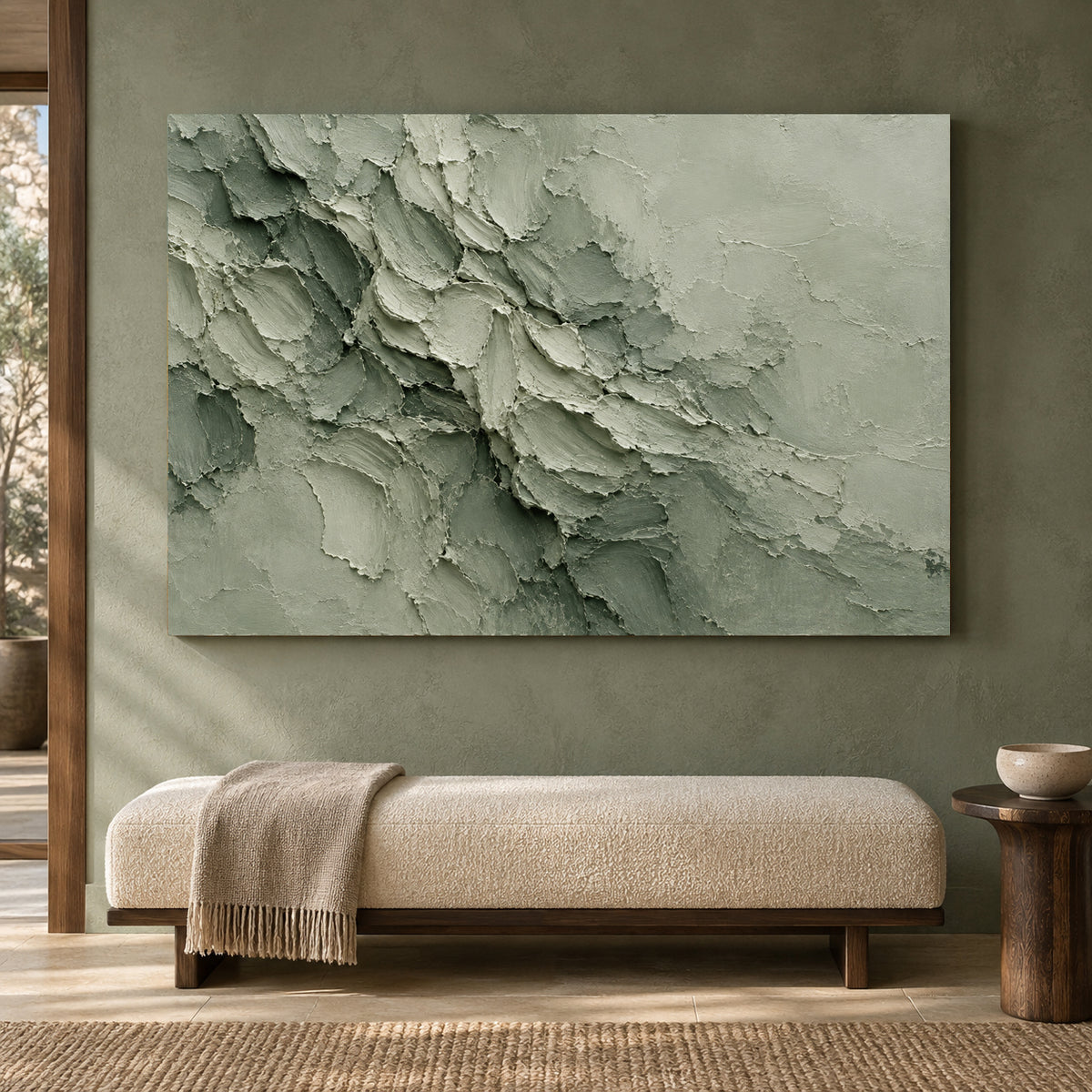 Sage Green Monochrome Textured Abstract Canvas Art