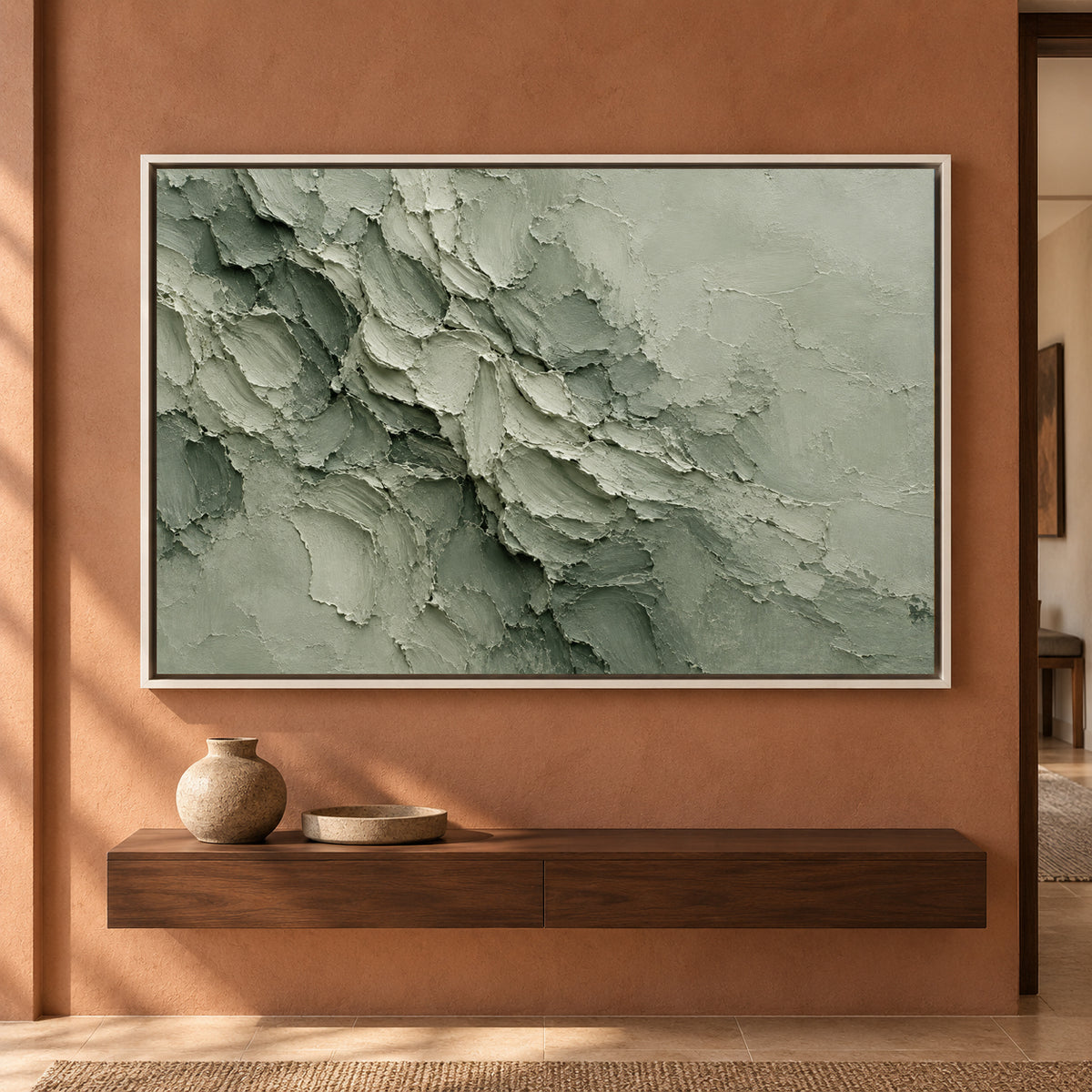 Sage Green Monochrome Textured Abstract Canvas Art