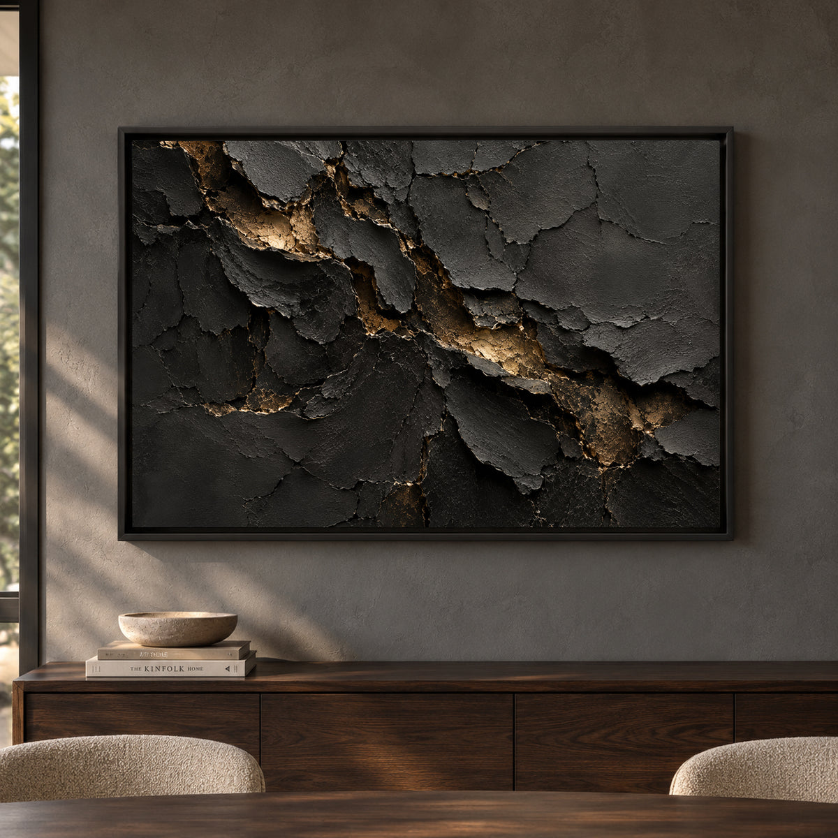 Charcoal Black Gold Fracture Textured Abstract Canvas Art