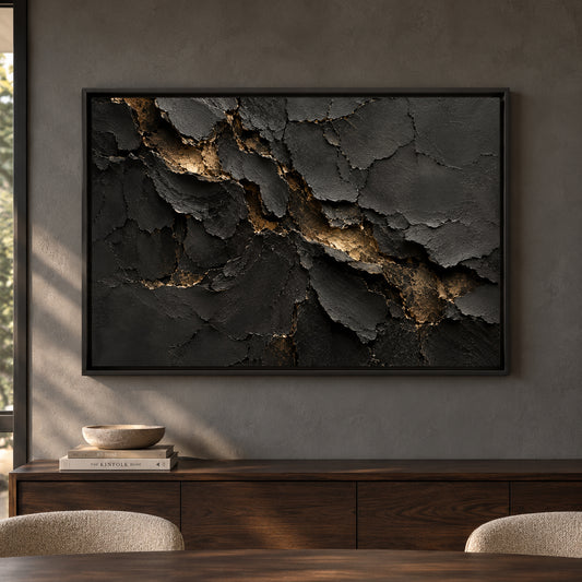 Charcoal Black Gold Fracture Textured Abstract Canvas Art
