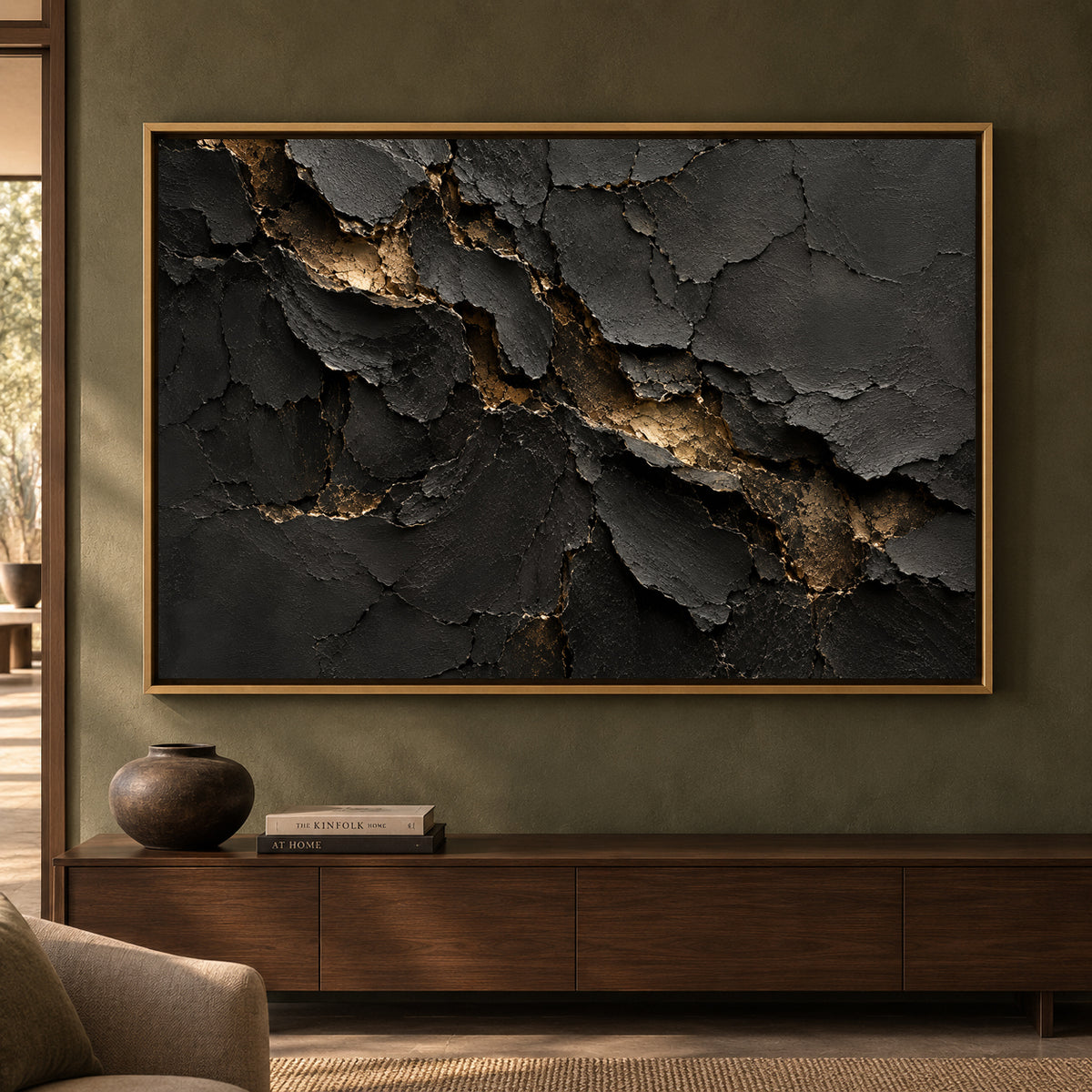 Charcoal Black Gold Fracture Textured Abstract Canvas Art