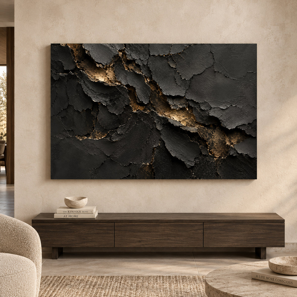 Charcoal Black Gold Fracture Textured Abstract Canvas Art