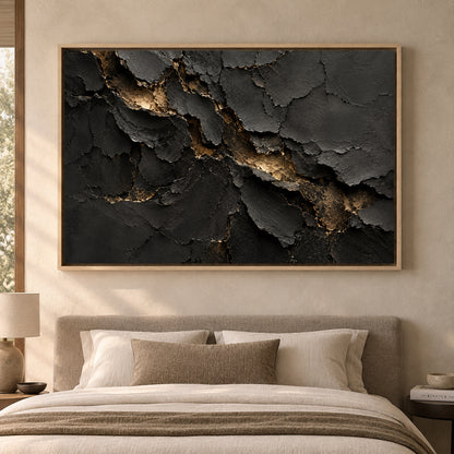 Charcoal Black Gold Fracture Textured Abstract Canvas Art