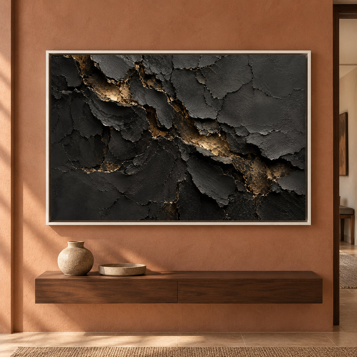 Charcoal Black Gold Fracture Textured Abstract Canvas Art