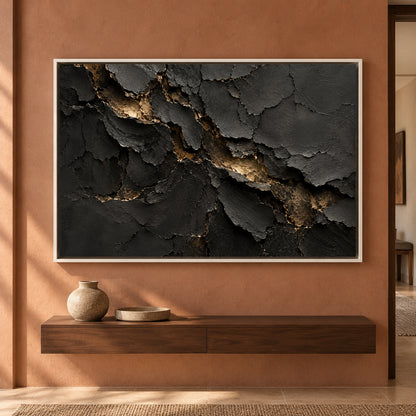 Charcoal Black Gold Fracture Textured Abstract Canvas Art