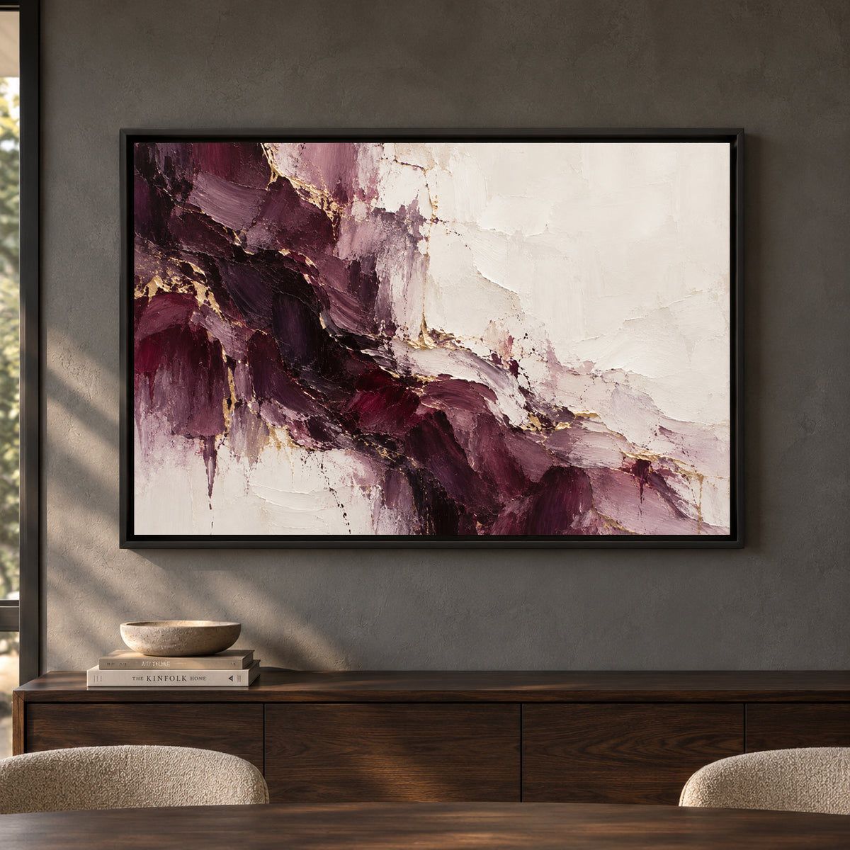 Burgundy Ivory Fracture Textured Abstract Canvas Art