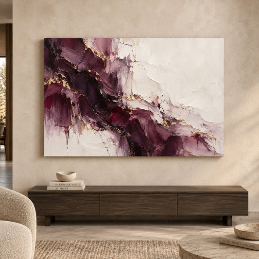 Burgundy Ivory Fracture Textured Abstract Canvas Art
