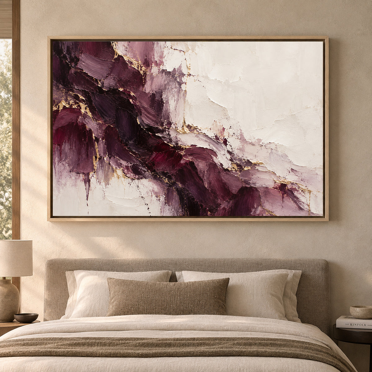 Burgundy Ivory Fracture Textured Abstract Canvas Art