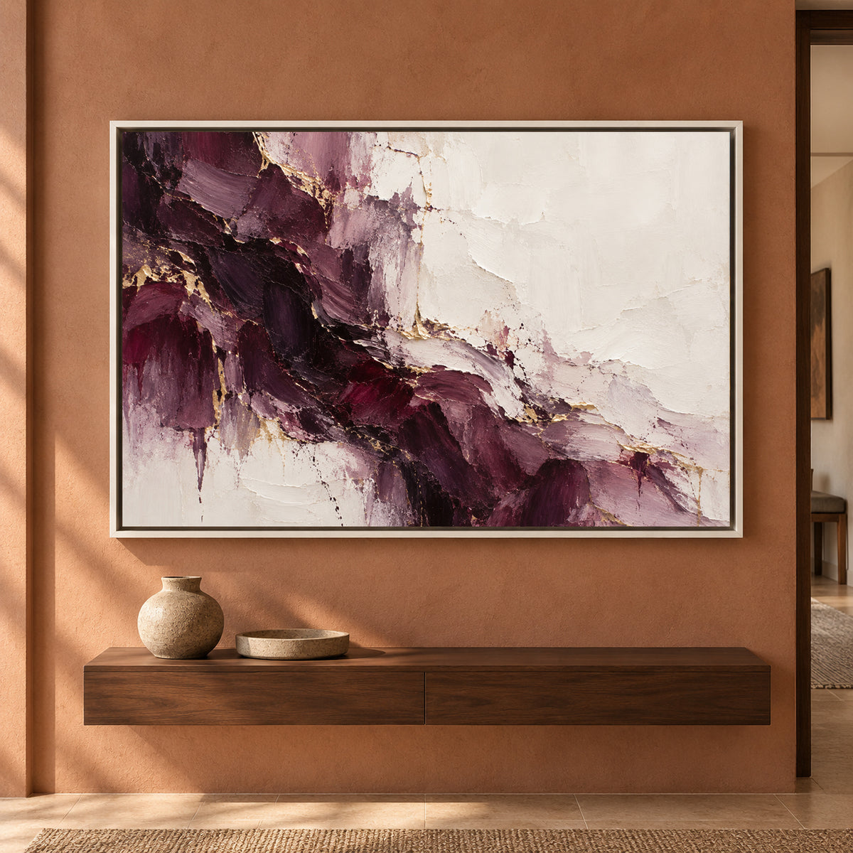 Burgundy Ivory Fracture Textured Abstract Canvas Art