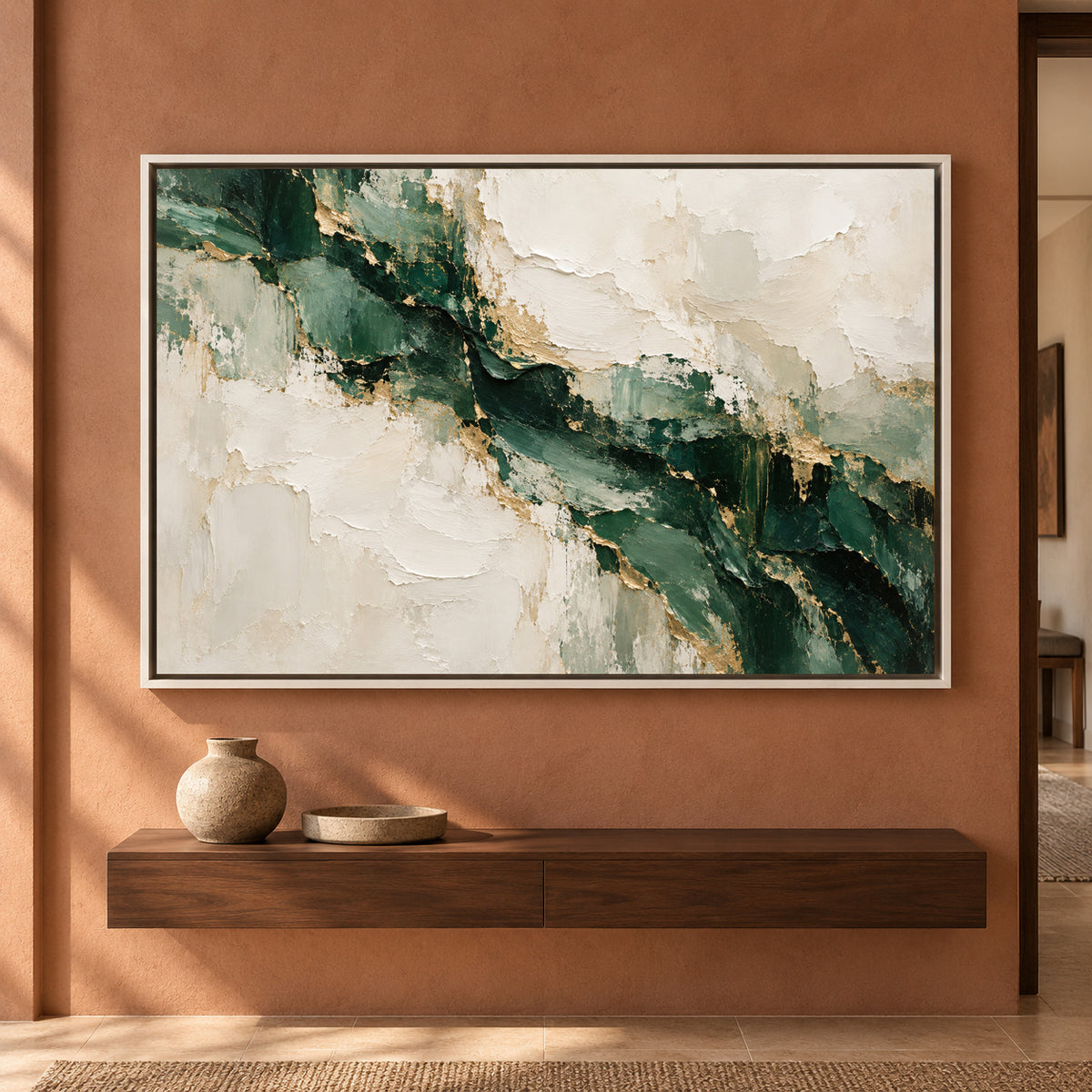 Emerald Ivory Rift Textured Abstract Canvas Art