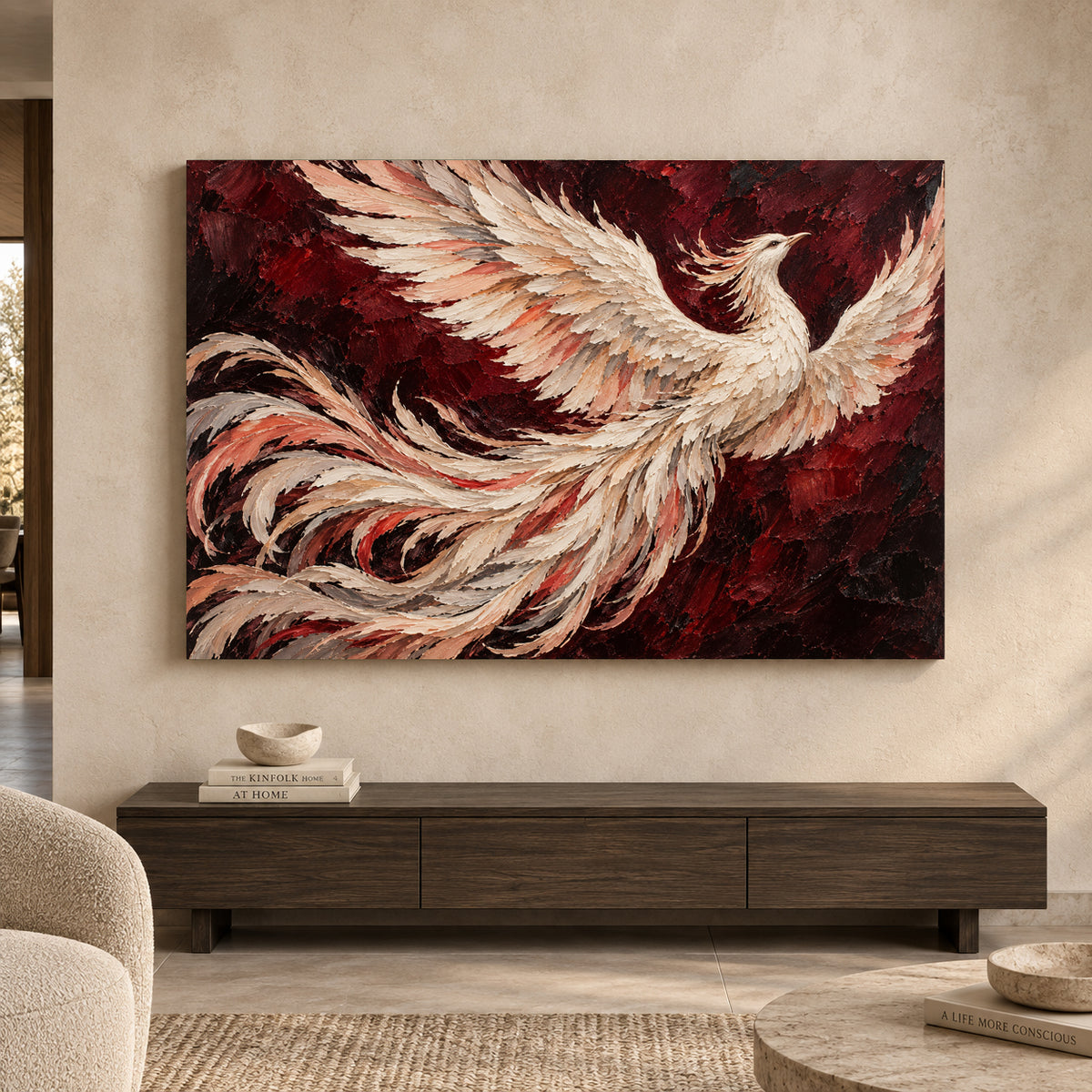 Crimson Phoenix Textured Bird Canvas Art