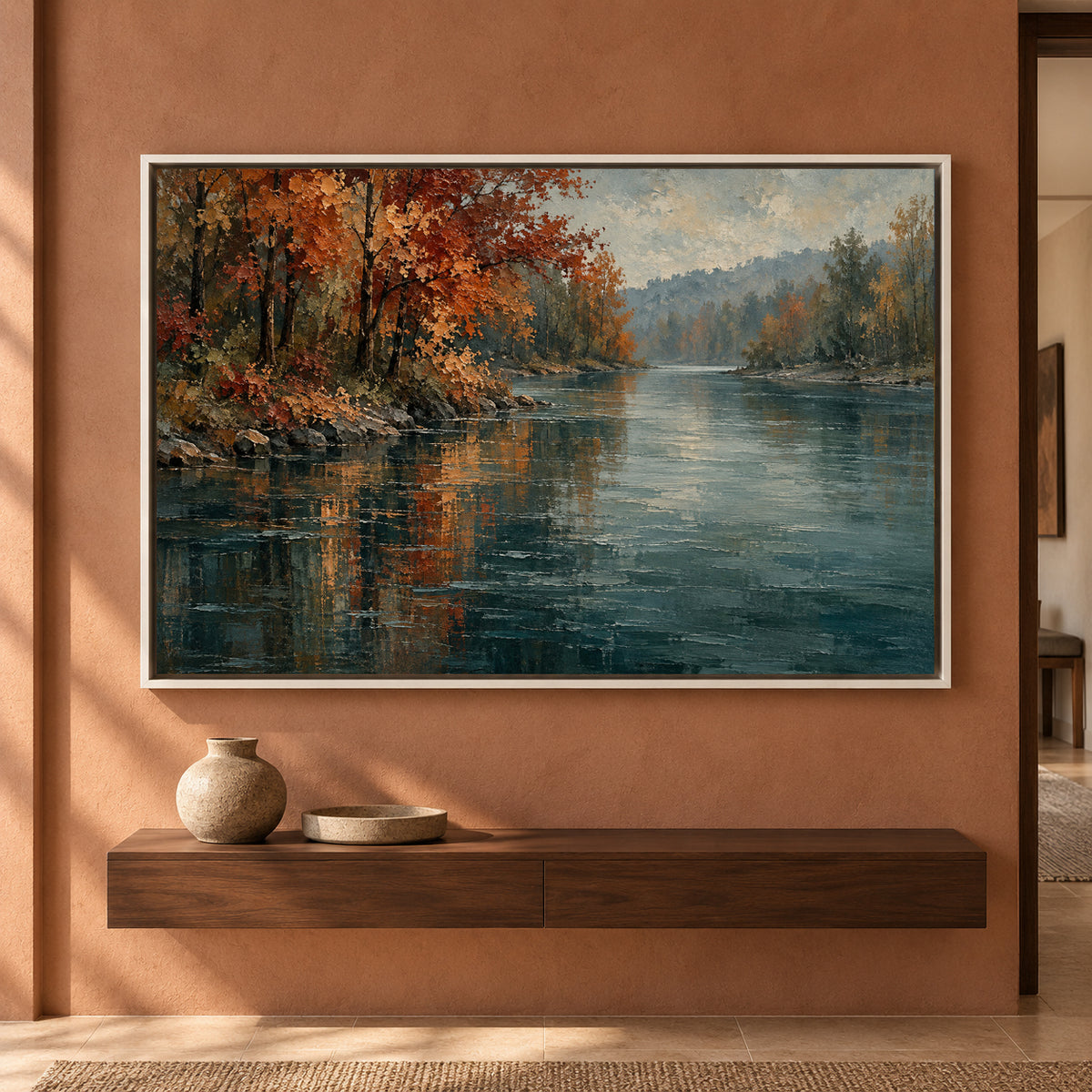 Autumn River Landscape Textured Canvas Art