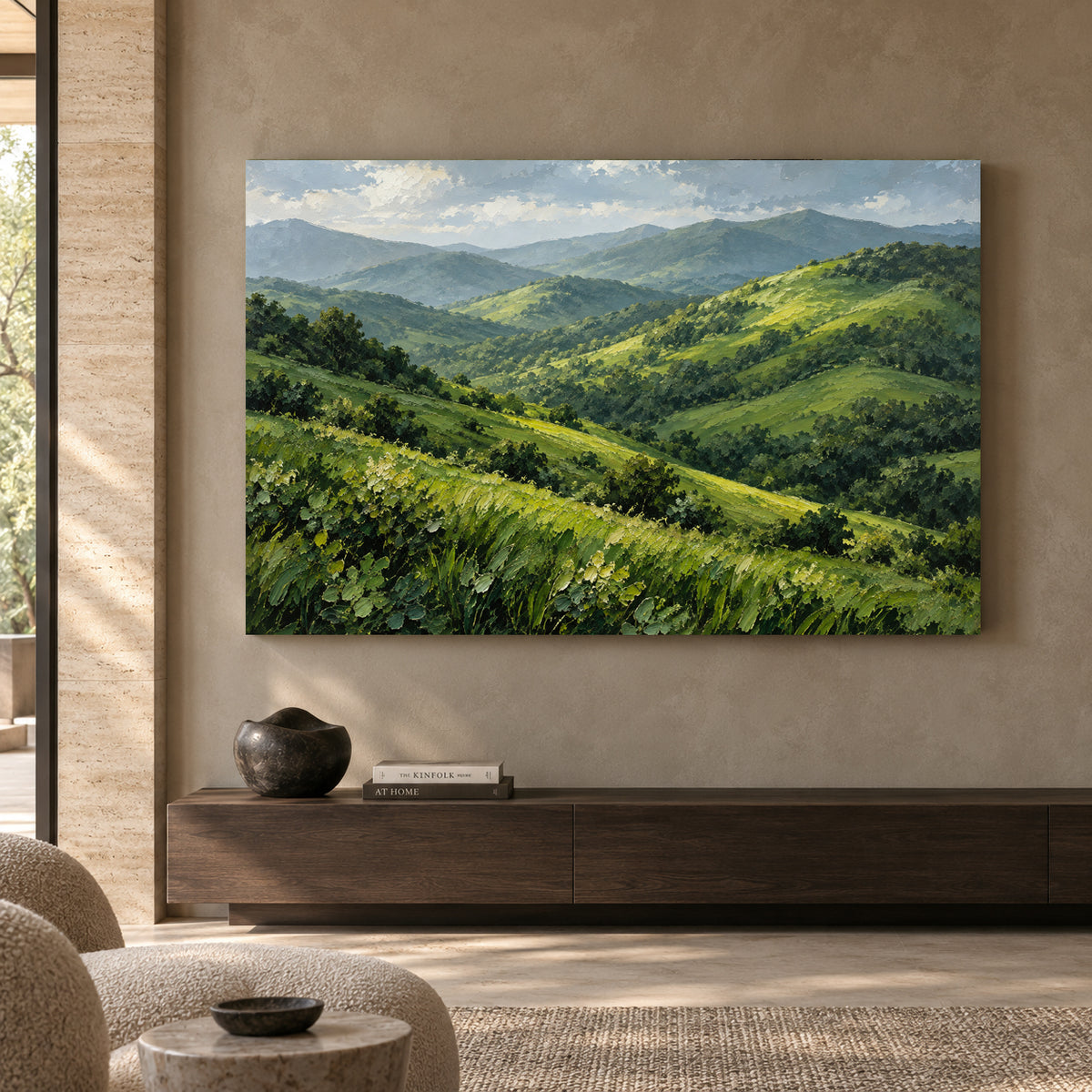 Verdant Mountain Valley Textured Landscape Canvas Art