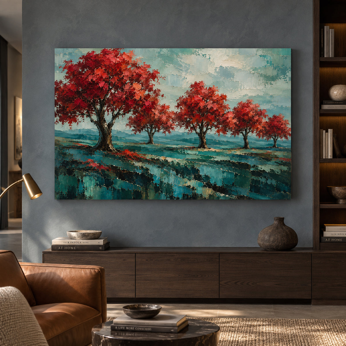 Crimson Grove Textured Landscape Canvas Art