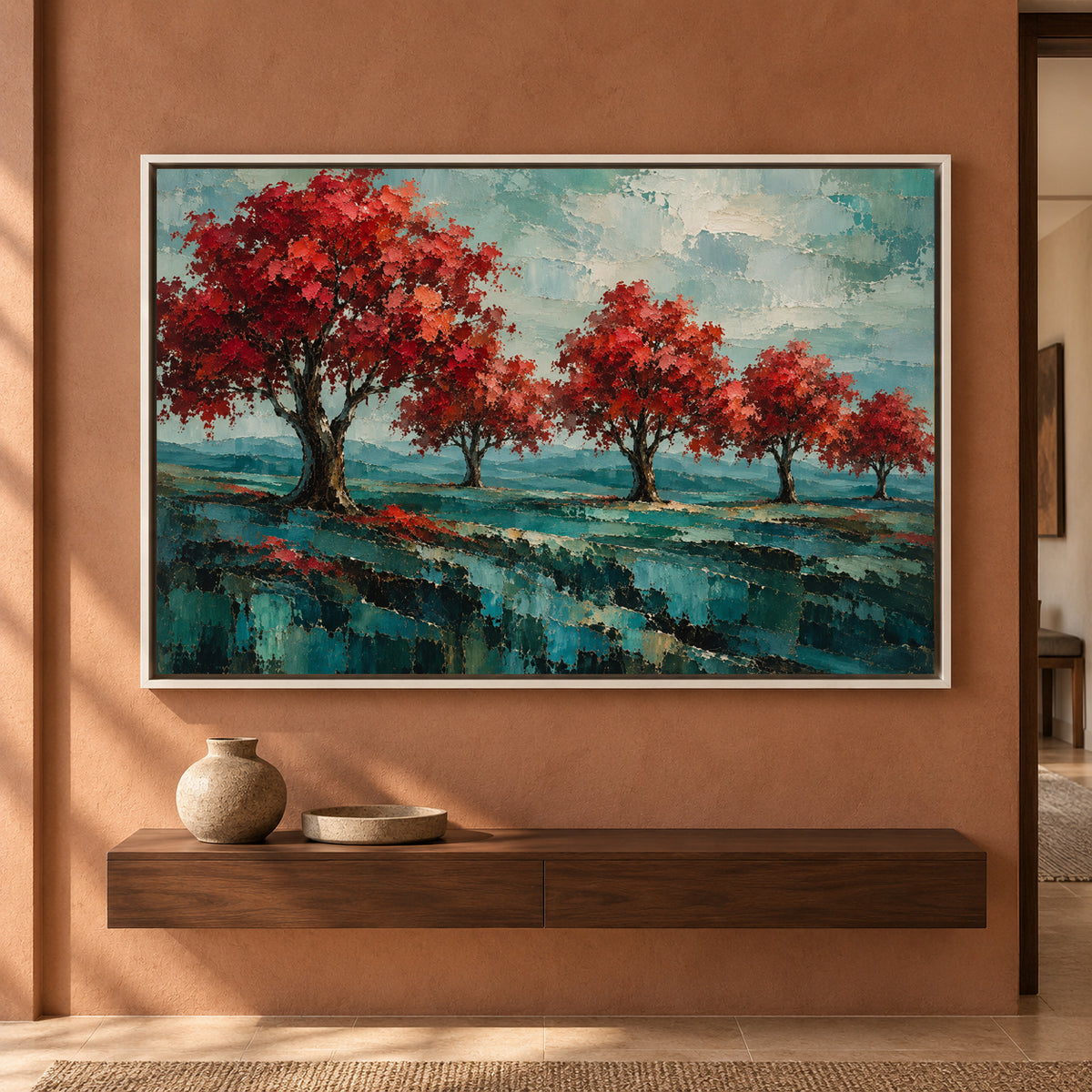 Crimson Grove Textured Landscape Canvas Art