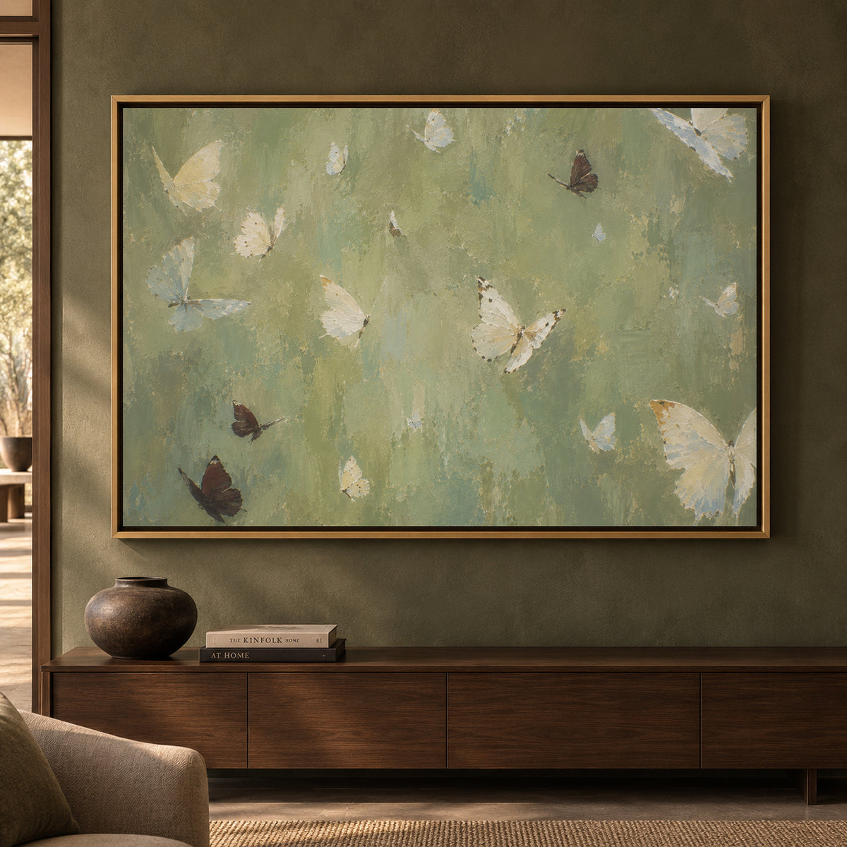 Sage Green Butterfly Textured Canvas Wall Art