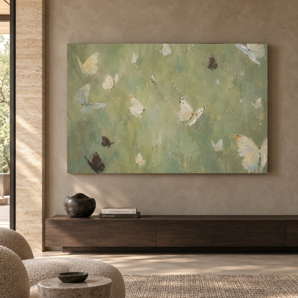 Sage Green Butterfly Textured Canvas Wall Art