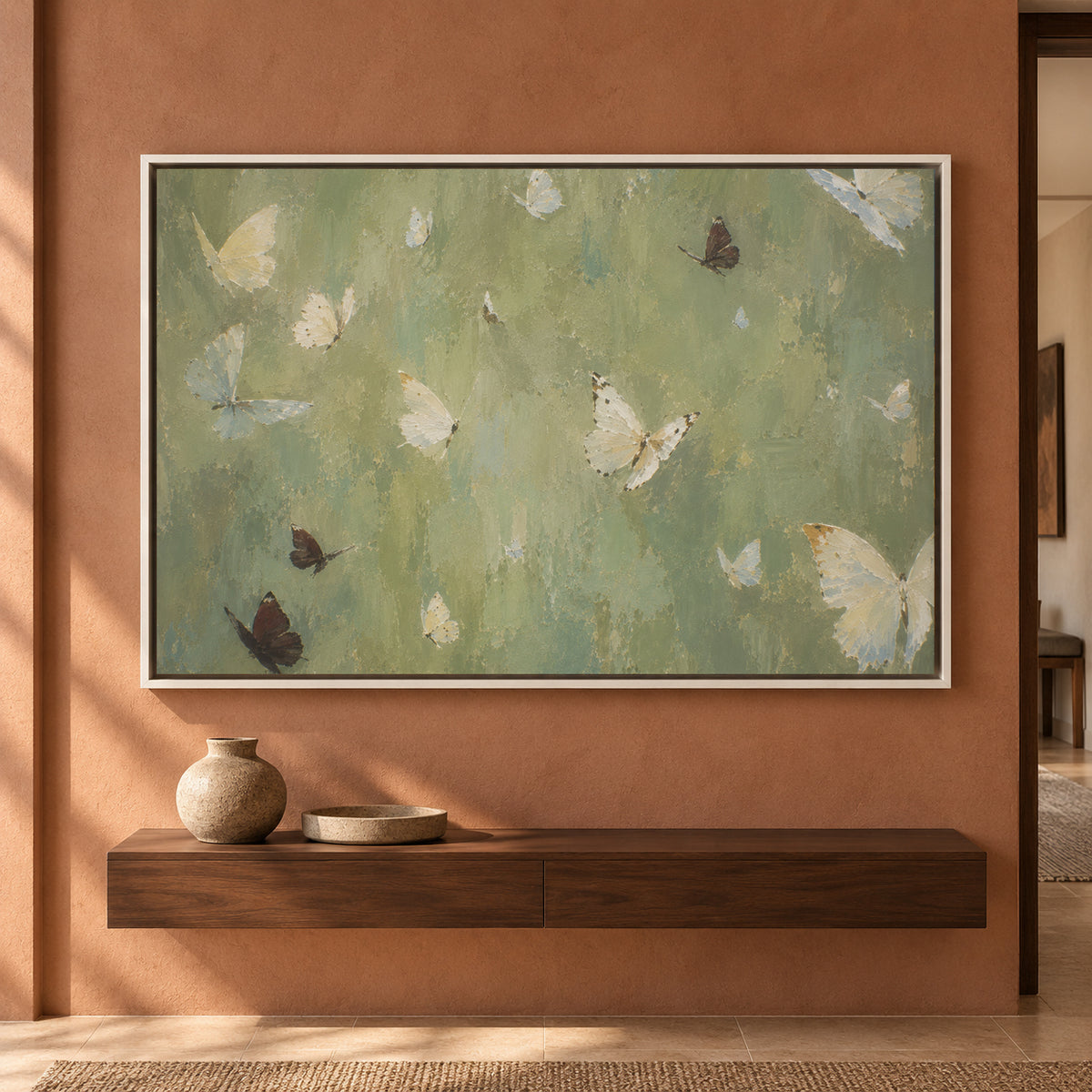 Sage Green Butterfly Textured Canvas Wall Art