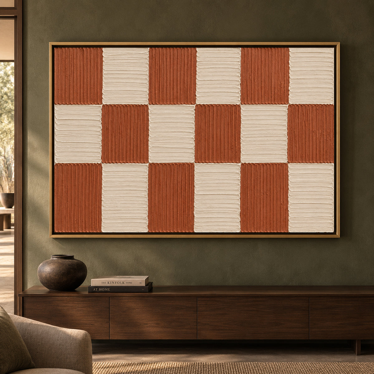 Terracotta Checkerboard Textured Geometric Canvas Art