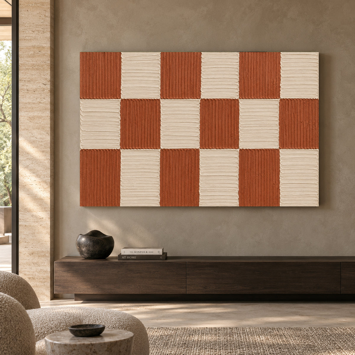 Terracotta Checkerboard Textured Geometric Canvas Art