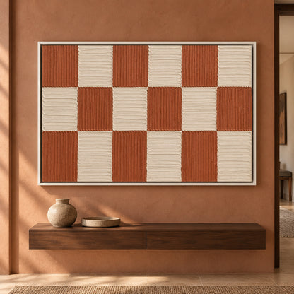 Terracotta Checkerboard Textured Geometric Canvas Art