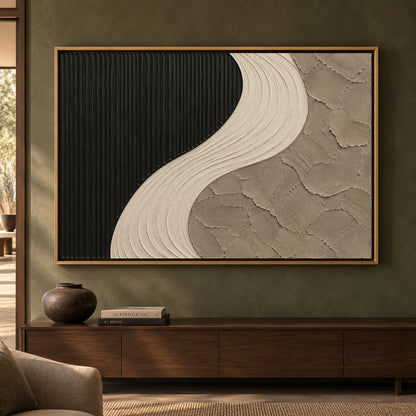 Black and Ivory Curved Textured Abstract Canvas Art