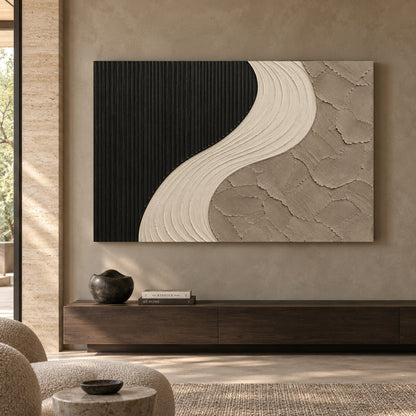 Black and Ivory Curved Textured Abstract Canvas Art