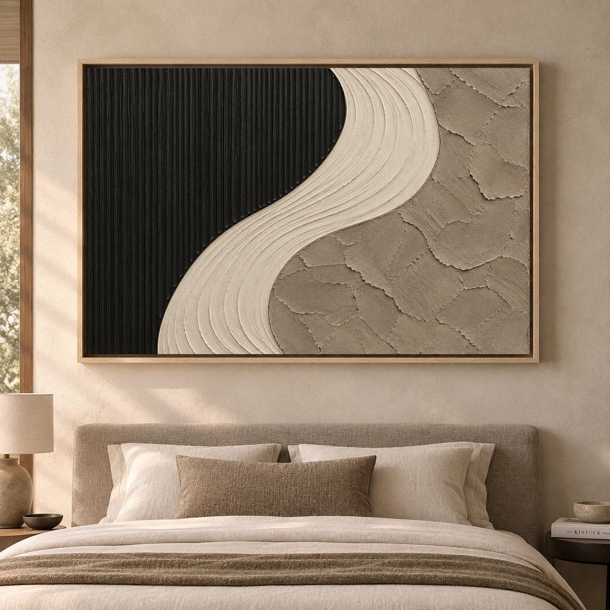 Black and Ivory Curved Textured Abstract Canvas Art