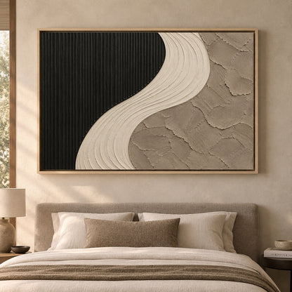 Black and Ivory Curved Textured Abstract Canvas Art