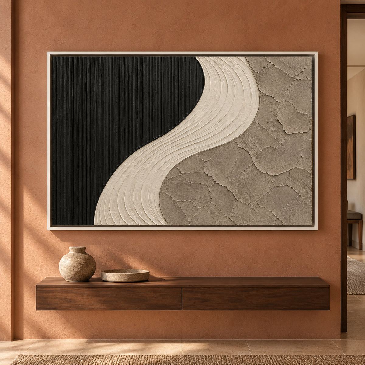 Black and Ivory Curved Textured Abstract Canvas Art