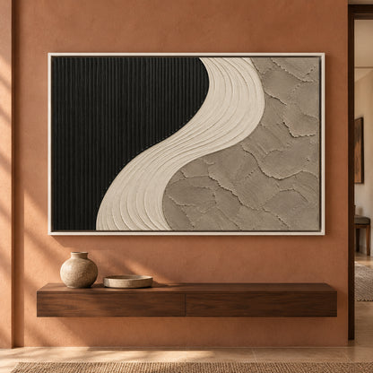 Black and Ivory Curved Textured Abstract Canvas Art