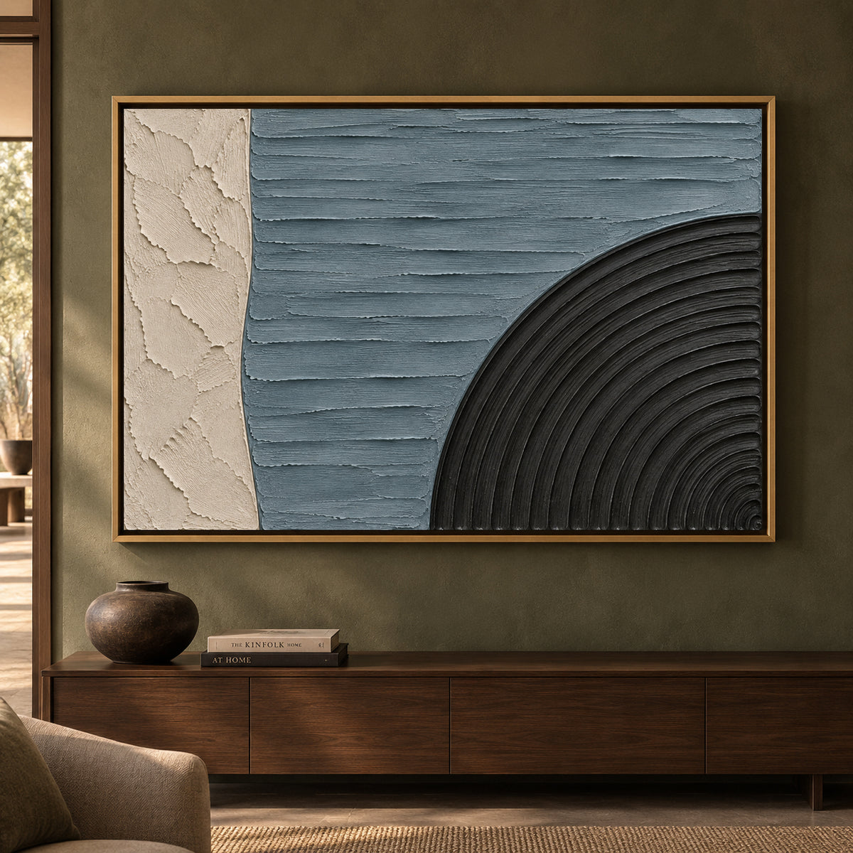 Slate Blue and Black Geometric Textured Canvas Art