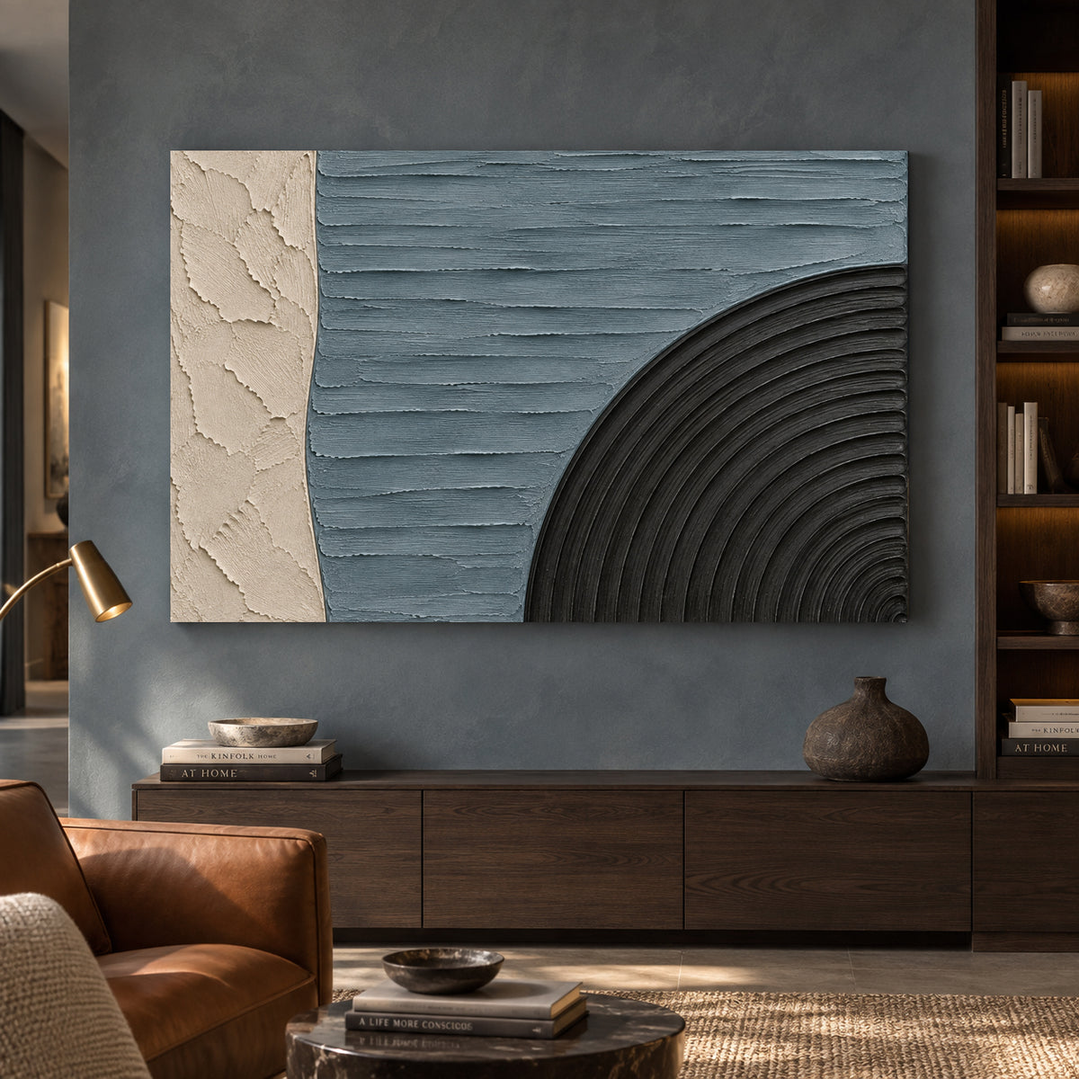 Slate Blue and Black Geometric Textured Canvas Art