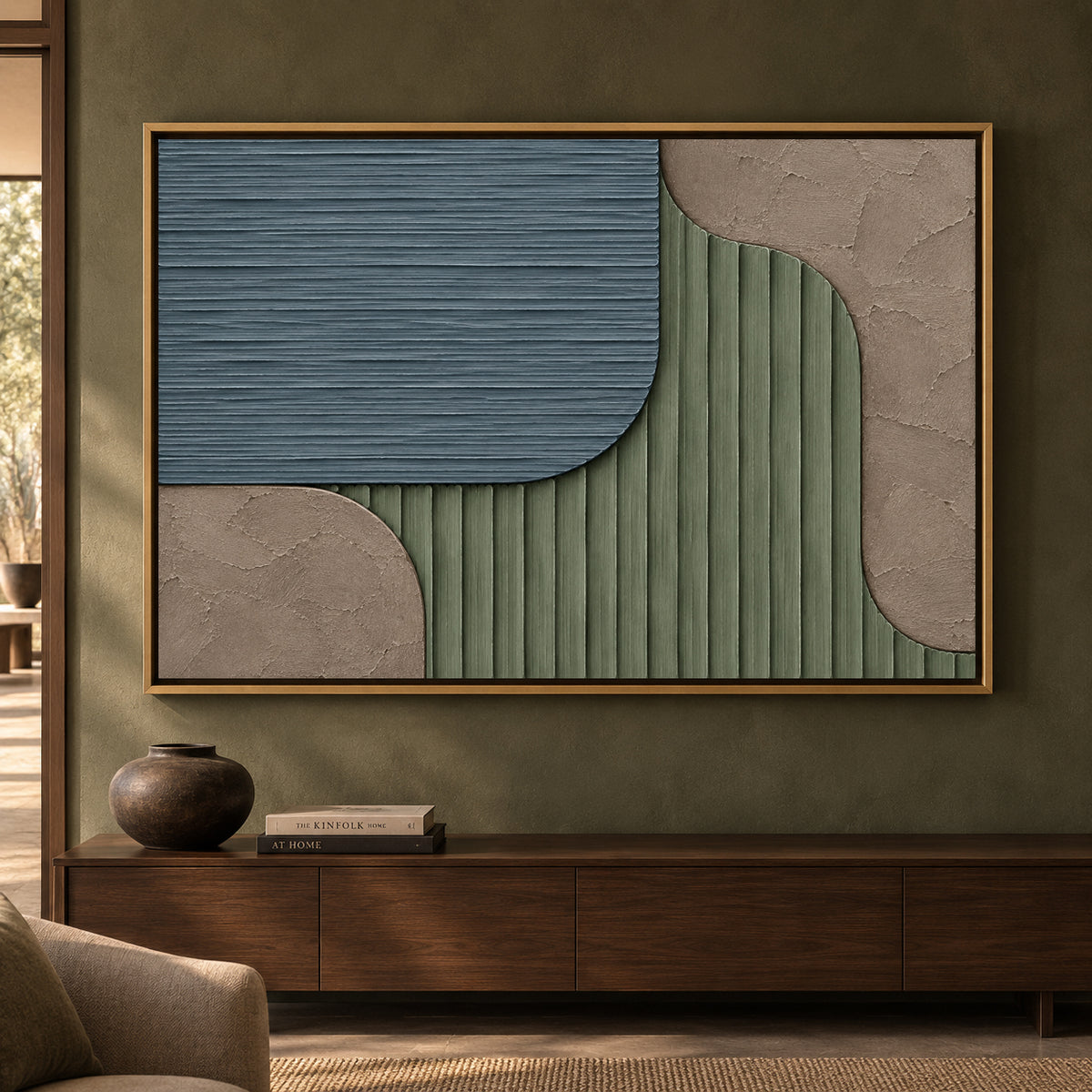 Sage Green and Slate Blue Geometric Textured Canvas Art