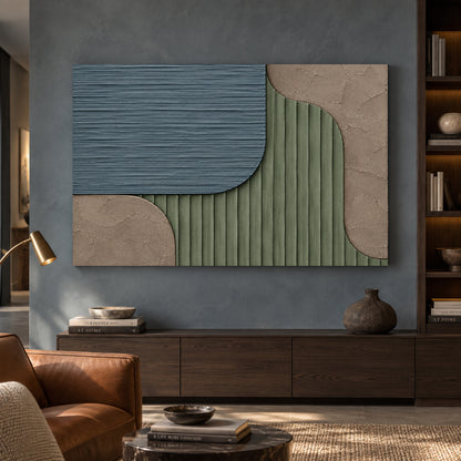 Sage Green and Slate Blue Geometric Textured Canvas Art