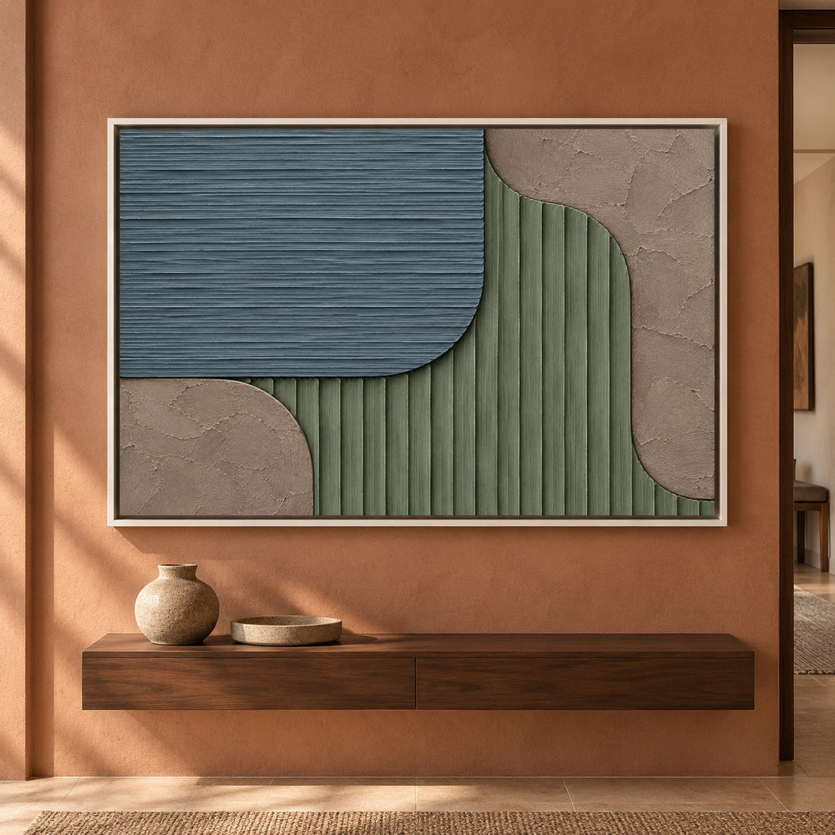 Sage Green and Slate Blue Geometric Textured Canvas Art