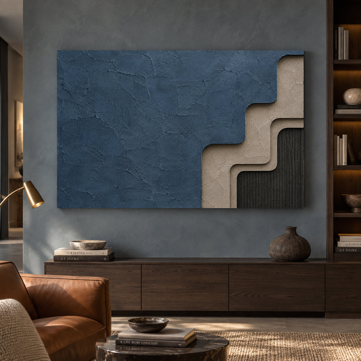 Layered Blue and Taupe Geometric Textured Canvas Art