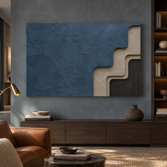 Layered Blue and Taupe Geometric Textured Canvas Art