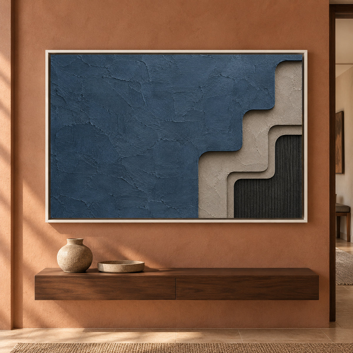 Layered Blue and Taupe Geometric Textured Canvas Art