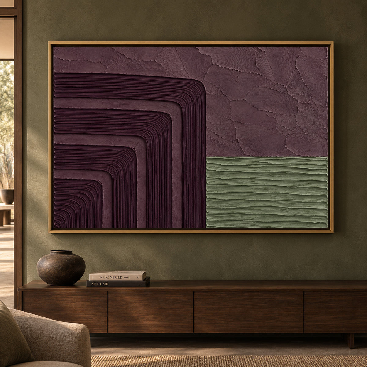 Burgundy and Sage Sculptural Geometric Textured Canvas Art