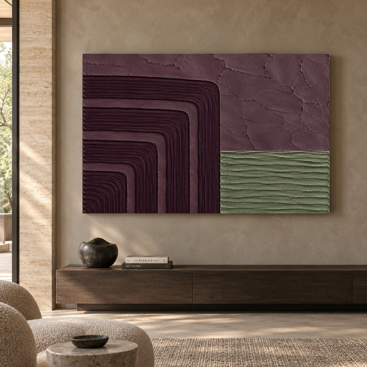 Burgundy and Sage Sculptural Geometric Textured Canvas Art
