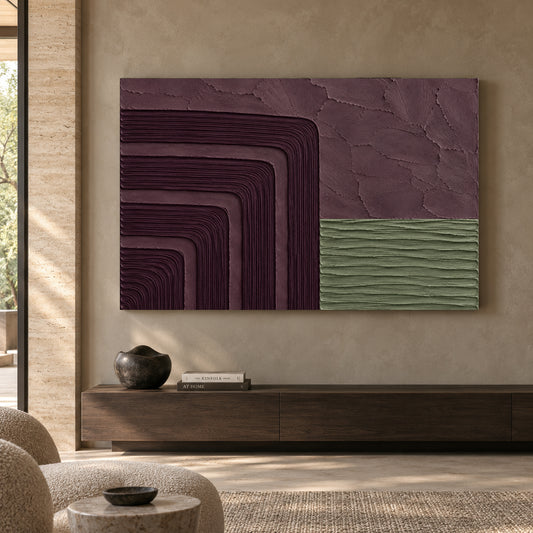 Burgundy and Sage Sculptural Geometric Textured Canvas Art
